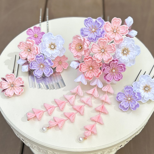 七五三（7歳さん以上向け）桜かんざしセット つまみ細工 ピンク 紫 藤