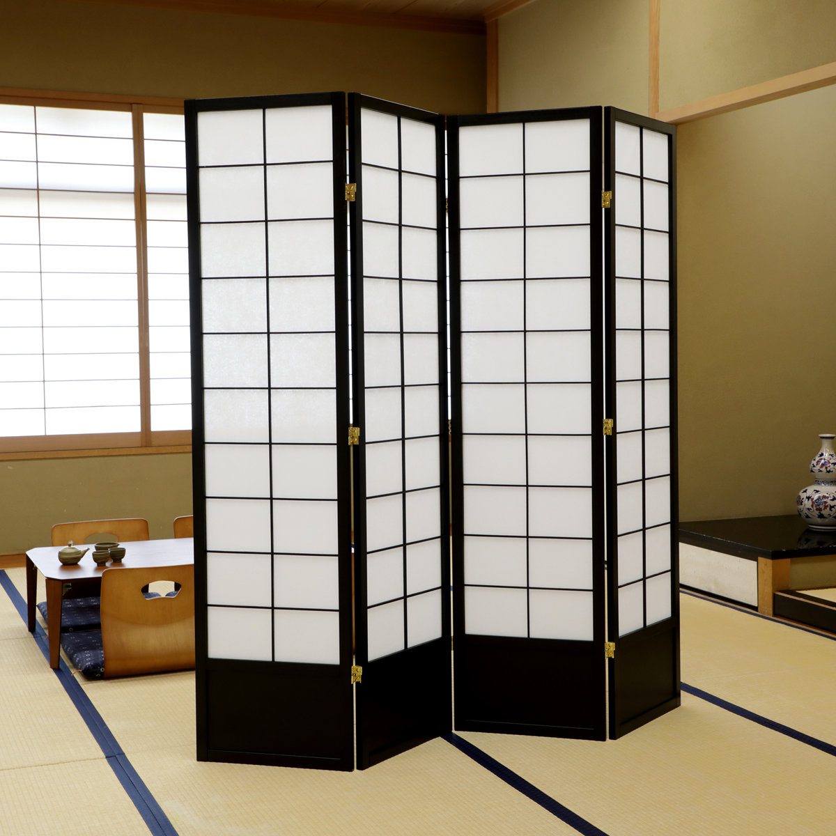 弘益 和風衝立 4連 折りたたみ 高さ180cm 天然木 完成品 不織布