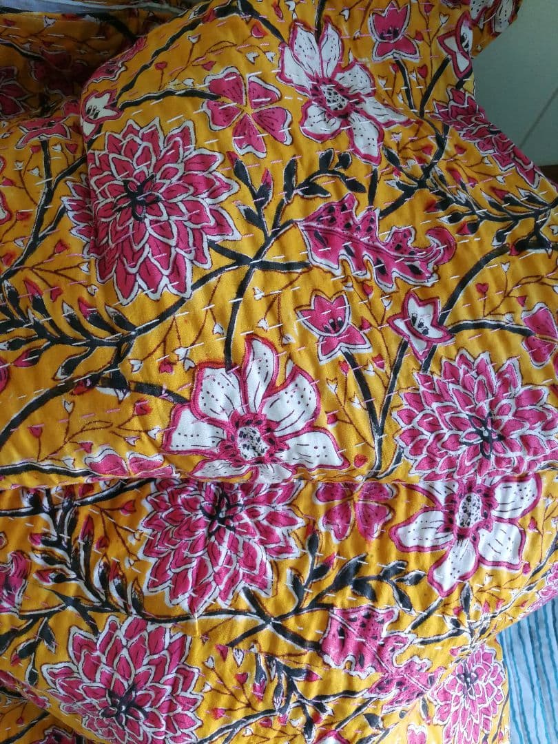 未使用イエロー花柄カンタキルト 数量5から】生地 『ナイロンタフタプリント 北欧花柄 グレー×キイロ SG