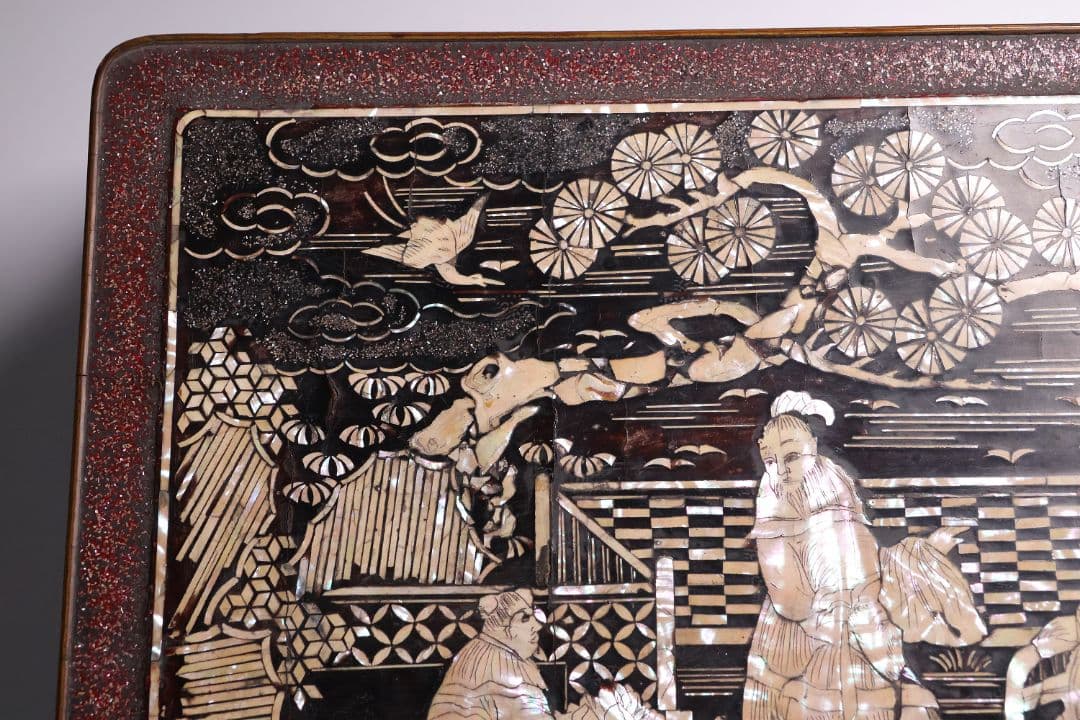 中国美術 螺鈿細工 平卓 46×28.3cm 人物 花台 香炉 木製【MA812